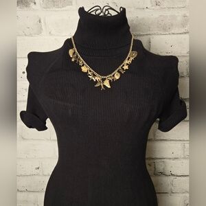 Gold-Tone Charm Statement Necklace – Mixed Charms, Boho Vintage Style